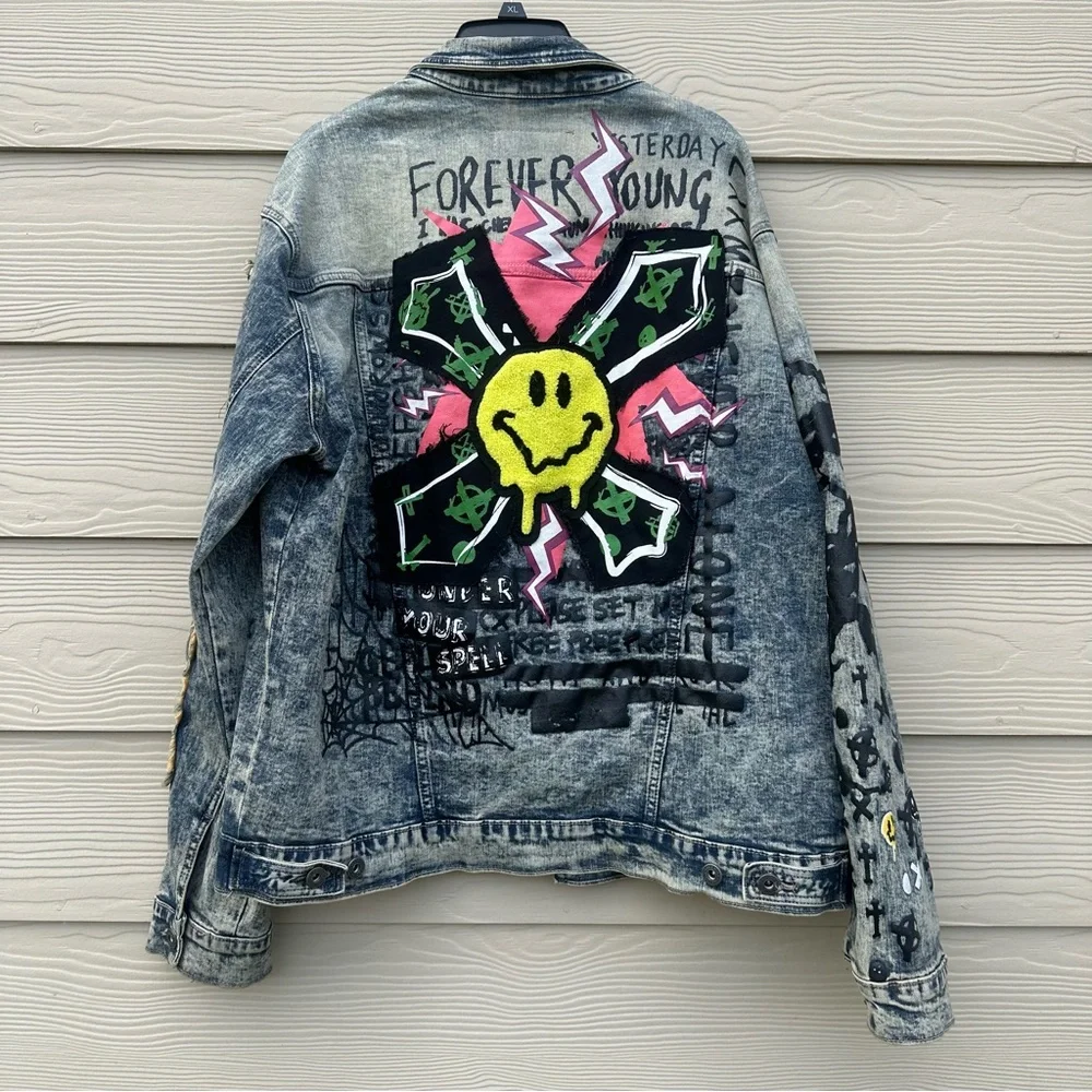 Smoke Rise Denim Jean Jacket Graffiti Streetwear‎ Distressed Stretch Men’s Large